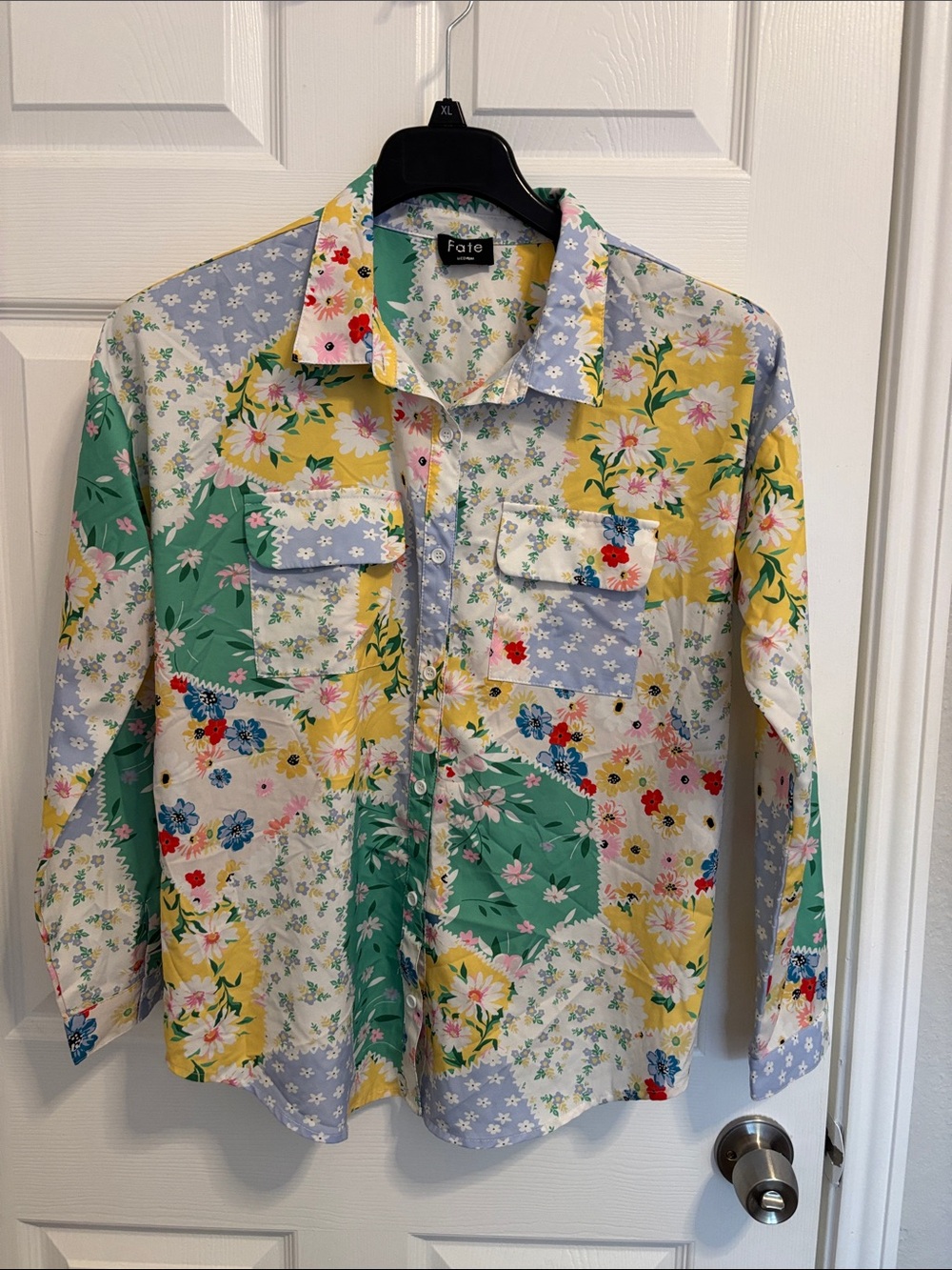 Fate Patchwork Floral Button-Up Shirt — Green, Yellow, Blue, White